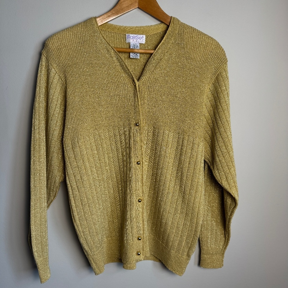 Fairset Petite Vintage Golden Metallic‎ Ribbed Button Up V-Neck Sweater Size LP